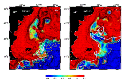 image Malvinas Current variations: dissipation of mesoscale activity over the Malvinas Plateau and recurrent blocking events in the Argentine Basin.